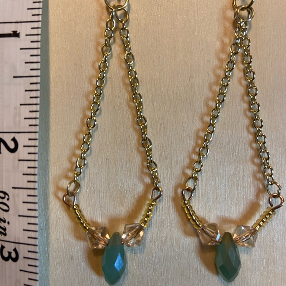 Handmade Turquoise Crystal Chain Dangle Earrings - Picture 2 of 2